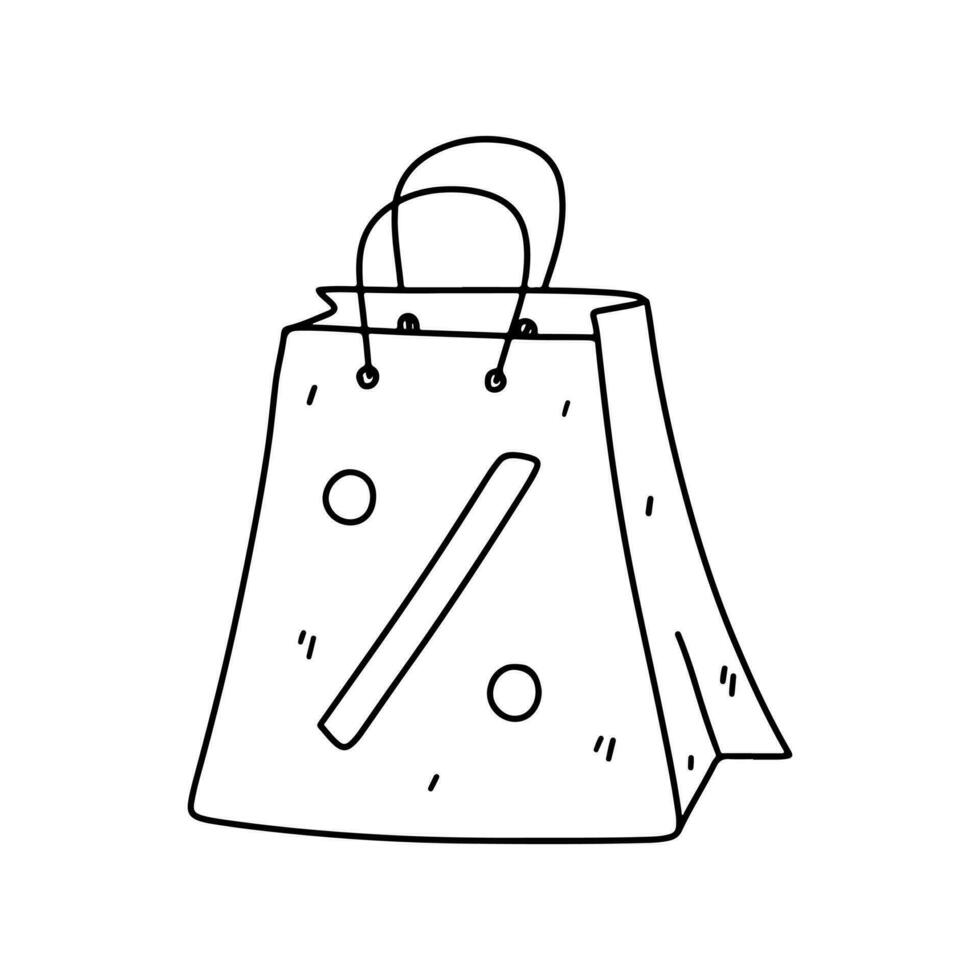 compras saco com por cento símbolo. mão desenhado rabisco estilo. vetor ilustração isolado em branco.