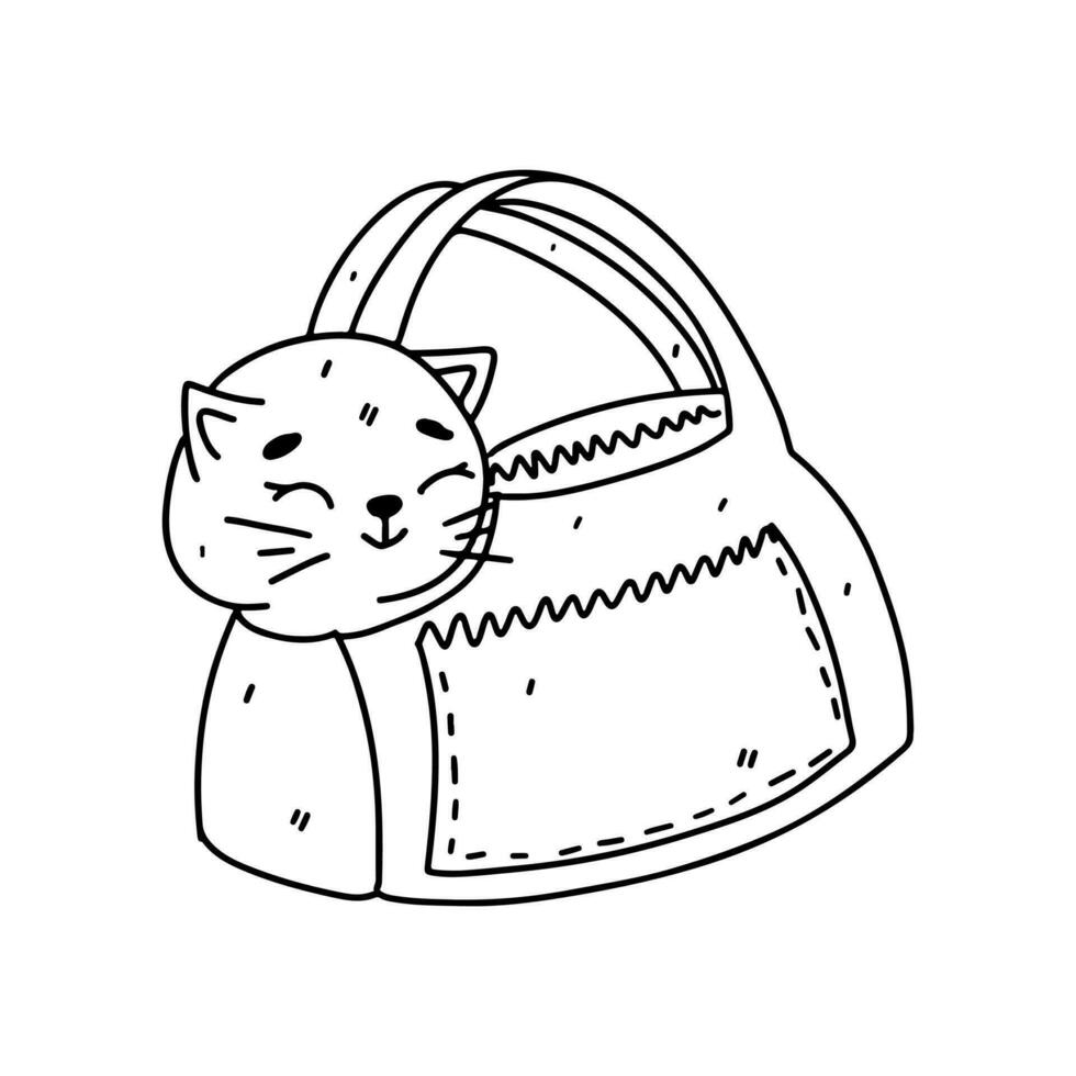 gato dentro carregando bolsa. mão desenhado rabisco estilo. vetor ilustração isolado em branco. coloração página.