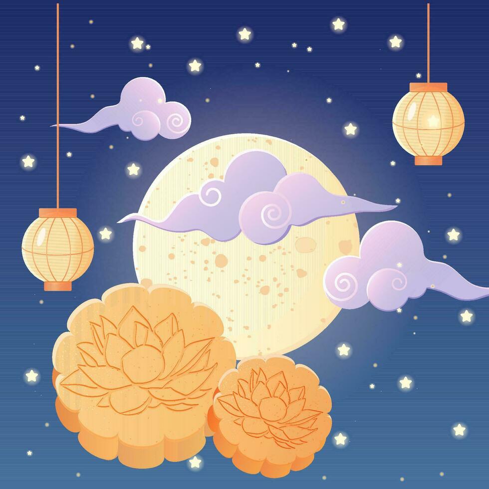 meio do outono festival, lua, chinês lanterna, estrelado céu e mooncake vetor