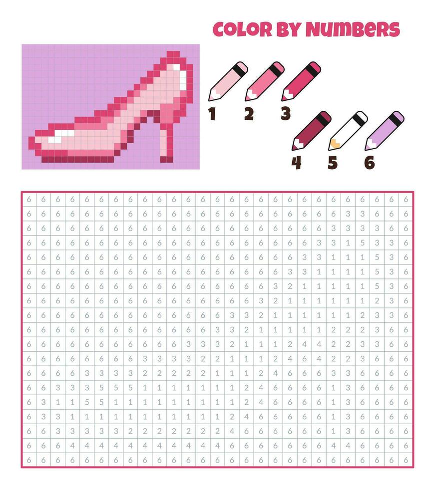 cor de números. Educação jogos para crianças. sapato, roupas, estilete sapato. coloração livro com numerado quadrados. pixel arte. gráfico tarefa para crianças. vetor