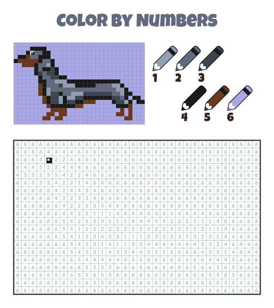 cor de números. Educação jogos para crianças. cachorro, dachshund, animais de estimação, animal. coloração livro com numerado quadrados. pixel arte. gráfico tarefa para crianças. vetor