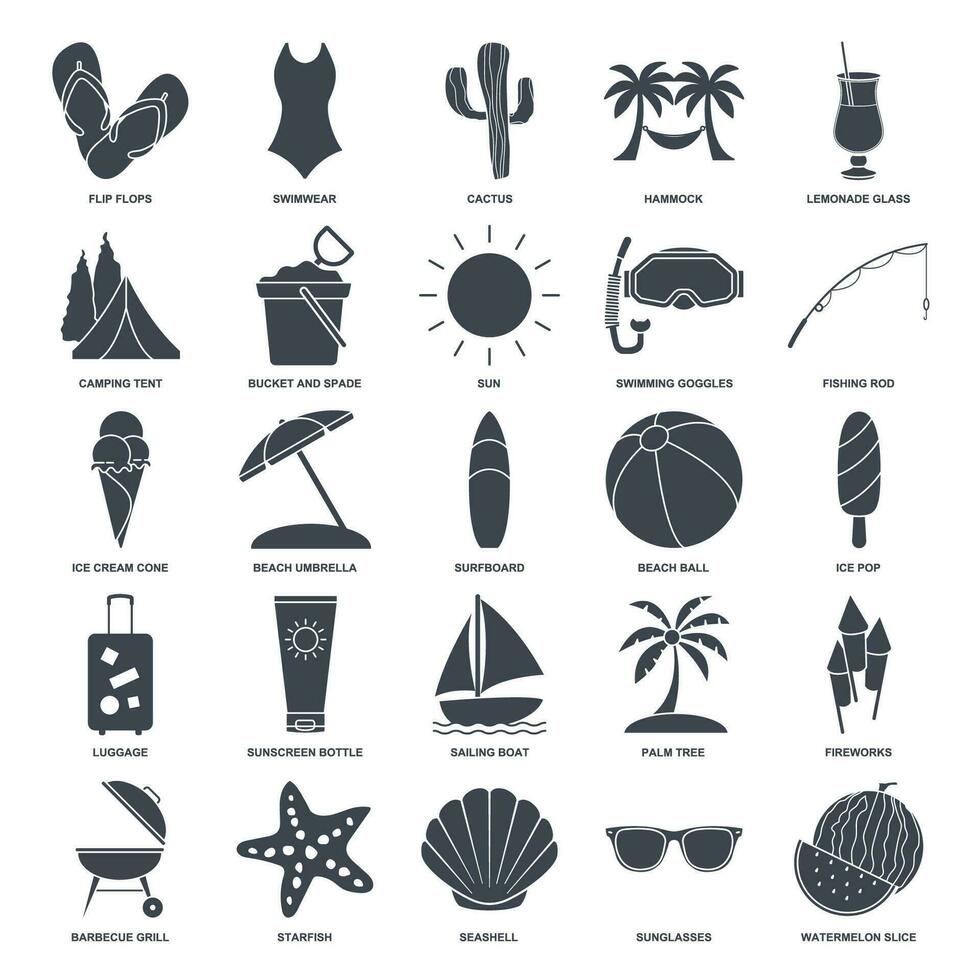 verão ícone definir, viagem símbolos coleção, logotipo ilustrações, de praia ícones, turismo sinais linear pictogramas pacote isolado vetor ilustração