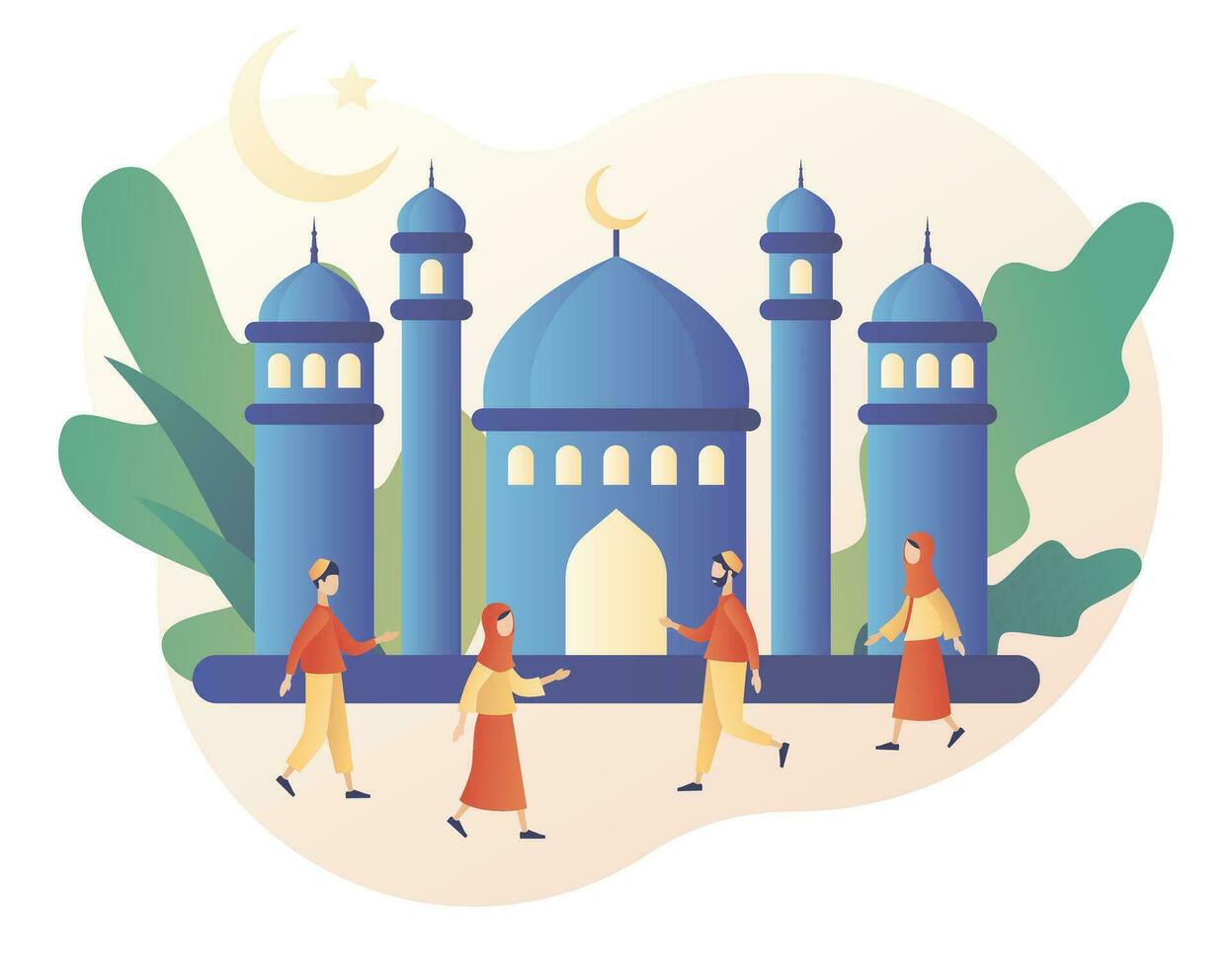 Ramadã kareem. minúsculo pessoas cumprimentar cada de outros eid Mubarak feriado. mesquita e piedosos mês. muçulmano celebração. moderno plano desenho animado estilo. vetor ilustração em branco fundo