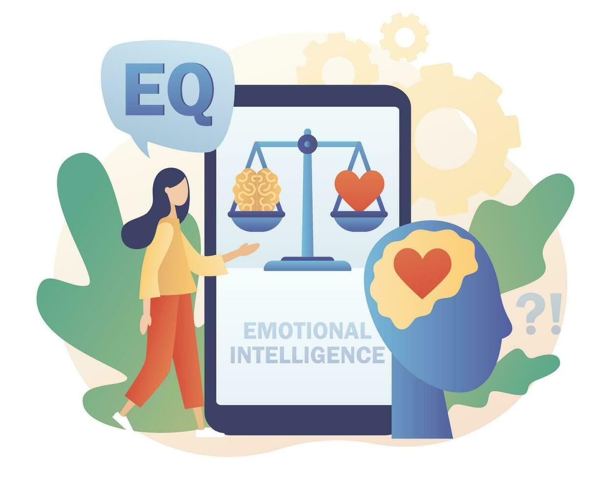 emocional inteligência. conectados eq teste dentro aplicativo. coração e cérebro em equilibrado escala símbolo. minúsculo mulher explorando interior personalidade. amor, mente, lógico. moderno plano desenho animado estilo. vetor ilustração