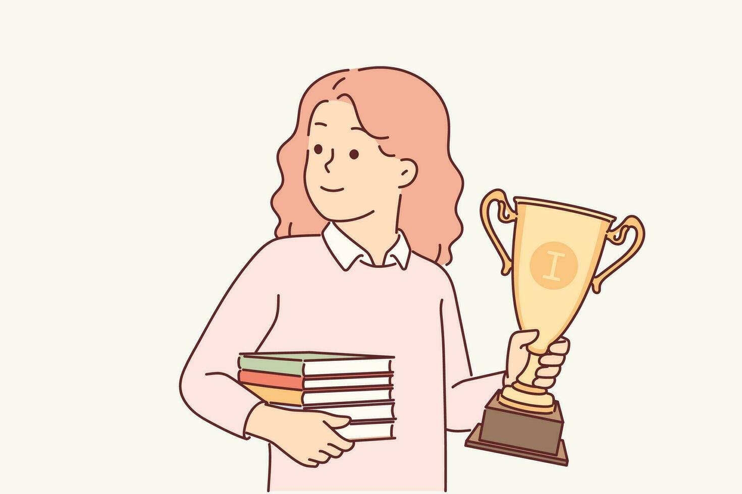 estudante com troféu copo e livros dentro mãos regozija-se dentro vitória dentro olimpíada para excepcional elementar escola alunos. pequeno menina com ouro campeão copo para mais inteligente crianças a partir de ginásio vetor