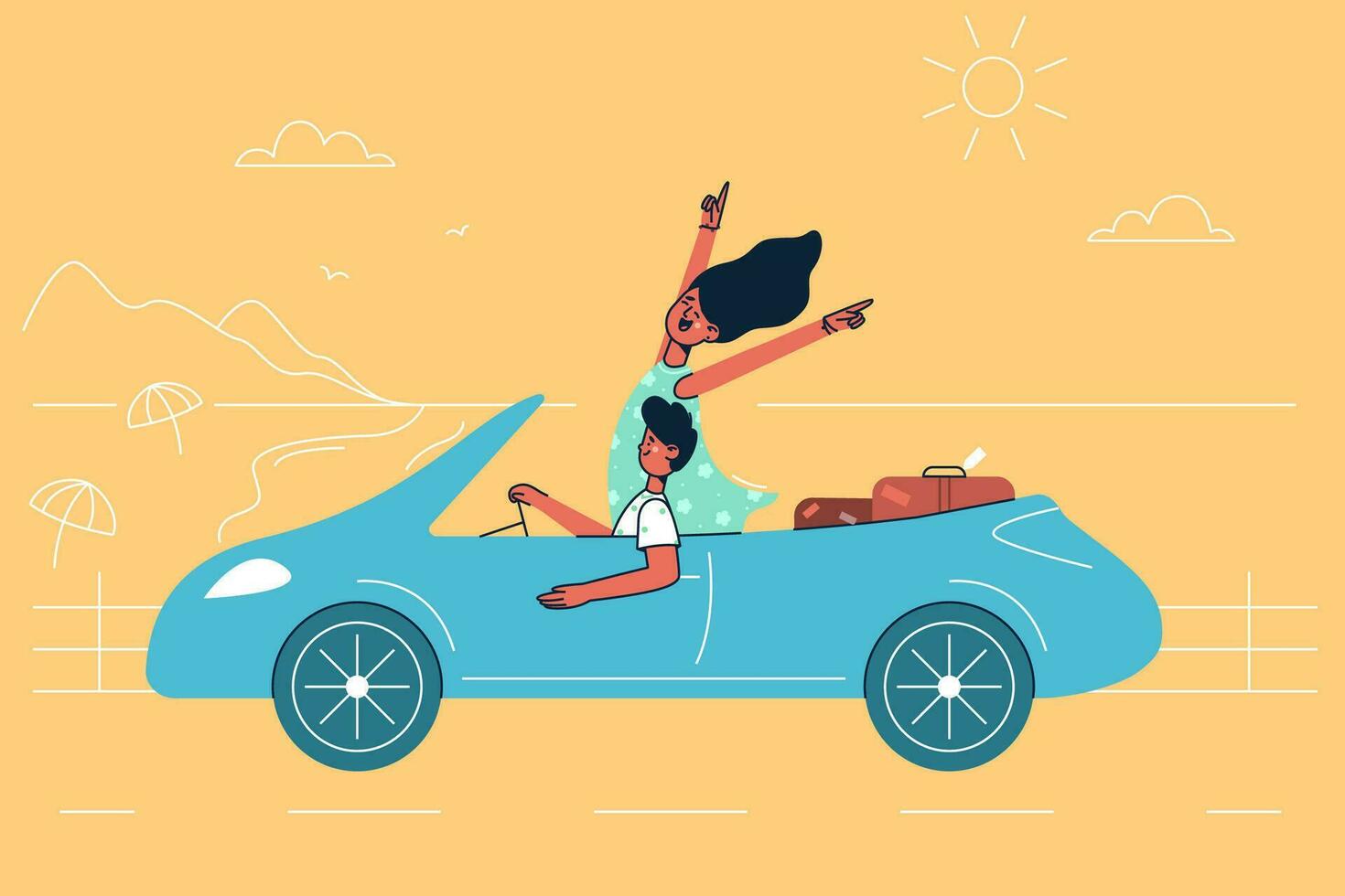 viagem, viagem, Férias conceito. jovem feliz casal desenho animado personagens sentado dentro carro e dirigindo ao longo beira-mar dentro verão durante viajando viagem vetor ilustração