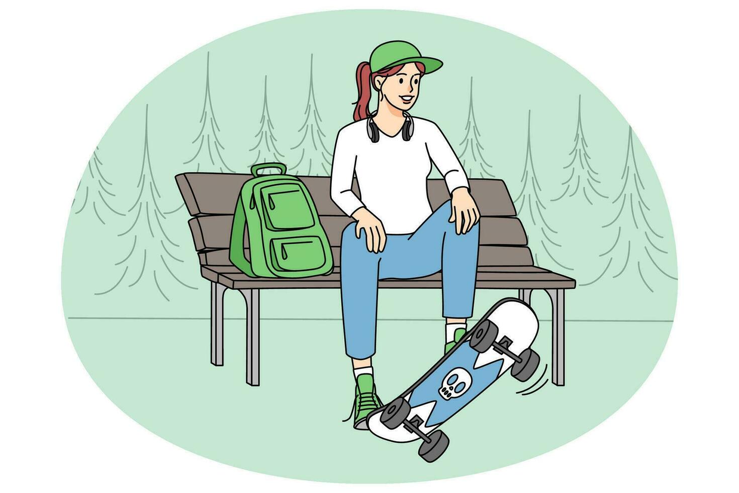 adolescente menina sentado em Banco com skate. jovem mulher skatista com borda relaxante ao ar livre. passatempo e esporte conceito. vetor ilustração.