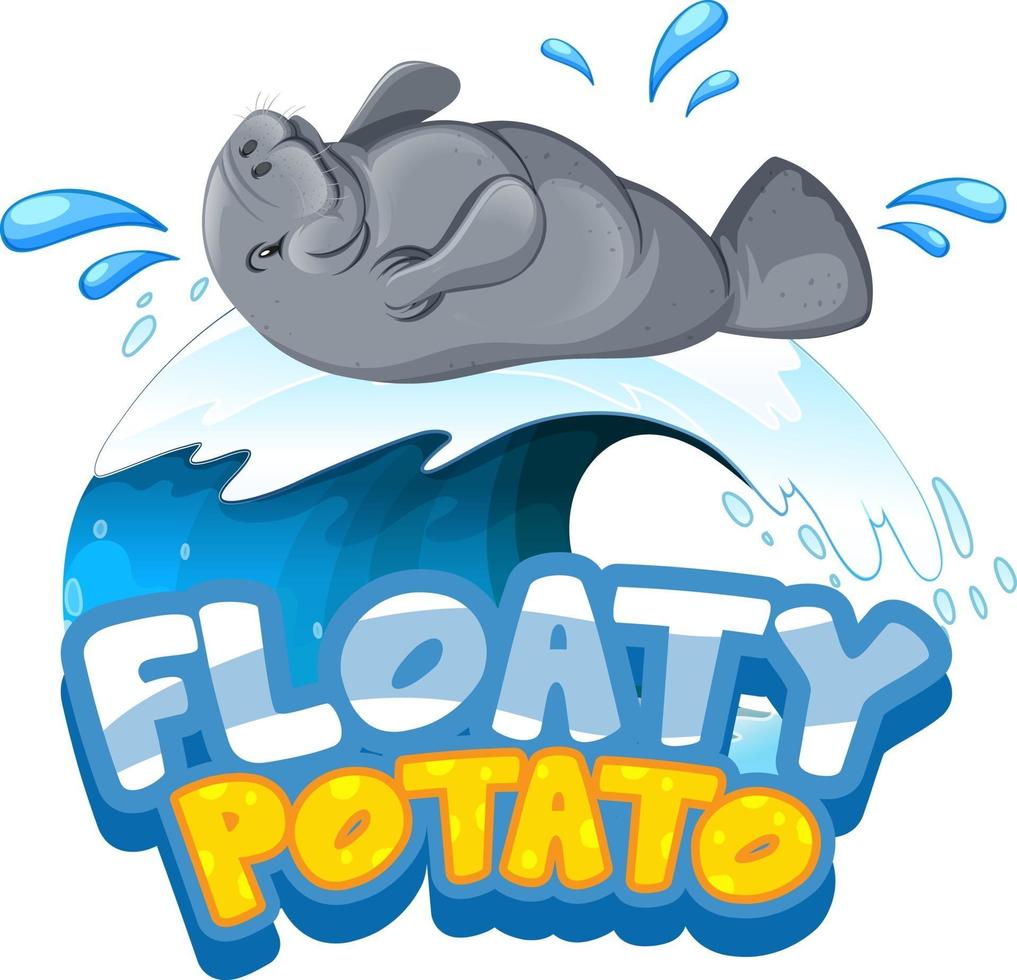 personagem de desenho animado de peixe-boi com bandeira de fonte de batata flutuante isolada vetor