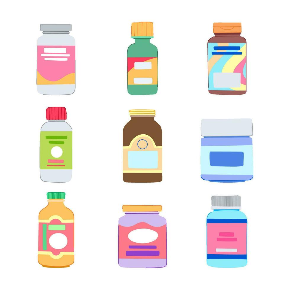 Vitamina cápsula conjunto desenho animado vetor ilustração