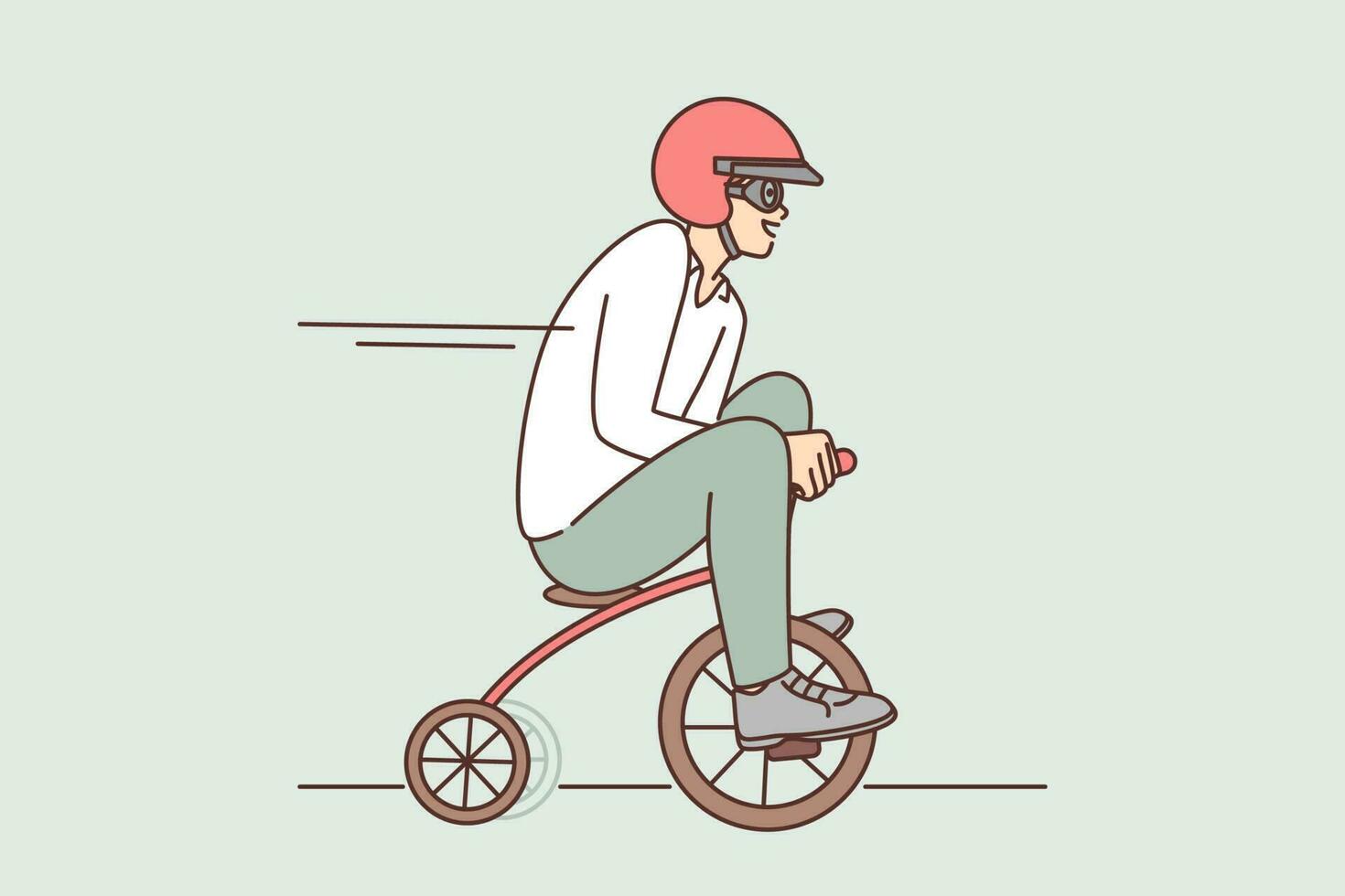 engraçado homem drives miniatura bicicleta correndo para encontro ou relaxante dentro poupar tempo. alegre cara dentro protetora capacete dirigindo brinquedo bicicleta para conceito do o negócio aceleração ou pressa dentro gestão vetor