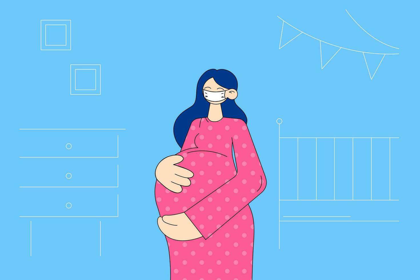 gravidez durante coronavírus pandemia conceito. jovem grávida mulher desenho animado personagem vestindo médico proteção face mascarar em pé e abraçando dela grande barriga vetor ilustração