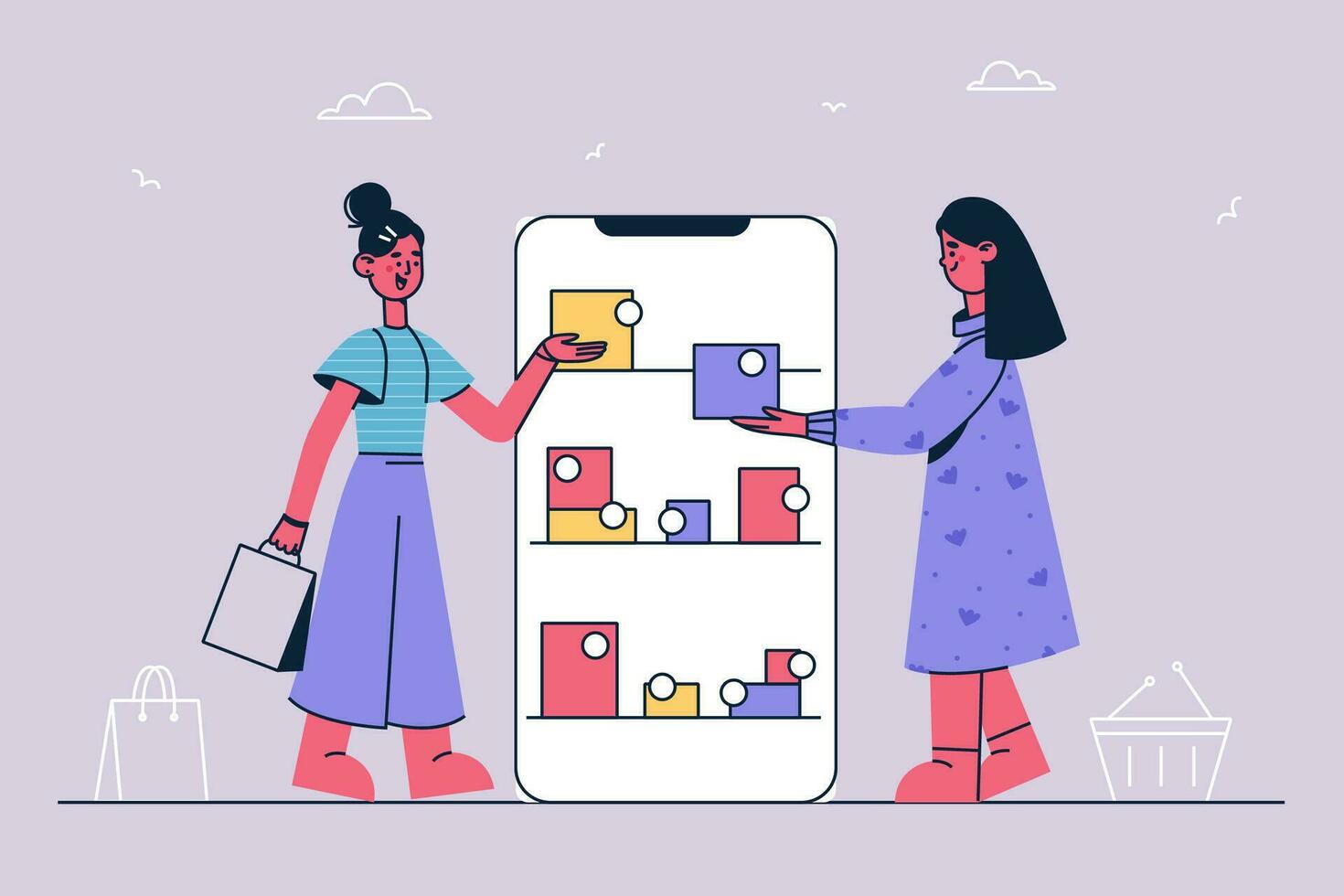 conectados compras e Internet compra conceito. jovem senhoras escolhendo Itens e adicionando para carrinho conectados durante compras em Smartphone tela vetor ilustração