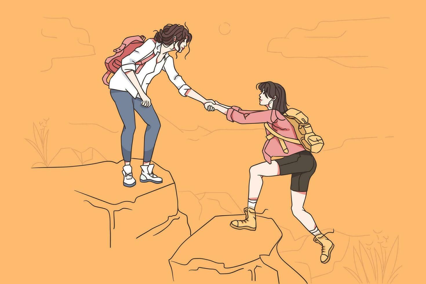 caminhada em natureza e assistência conceito. jovem mulher caminhante desenho animado personagem dando ajudando mão para amigo menina ajudando para escalar em Colina durante viagem período de férias caminhada vetor ilustração