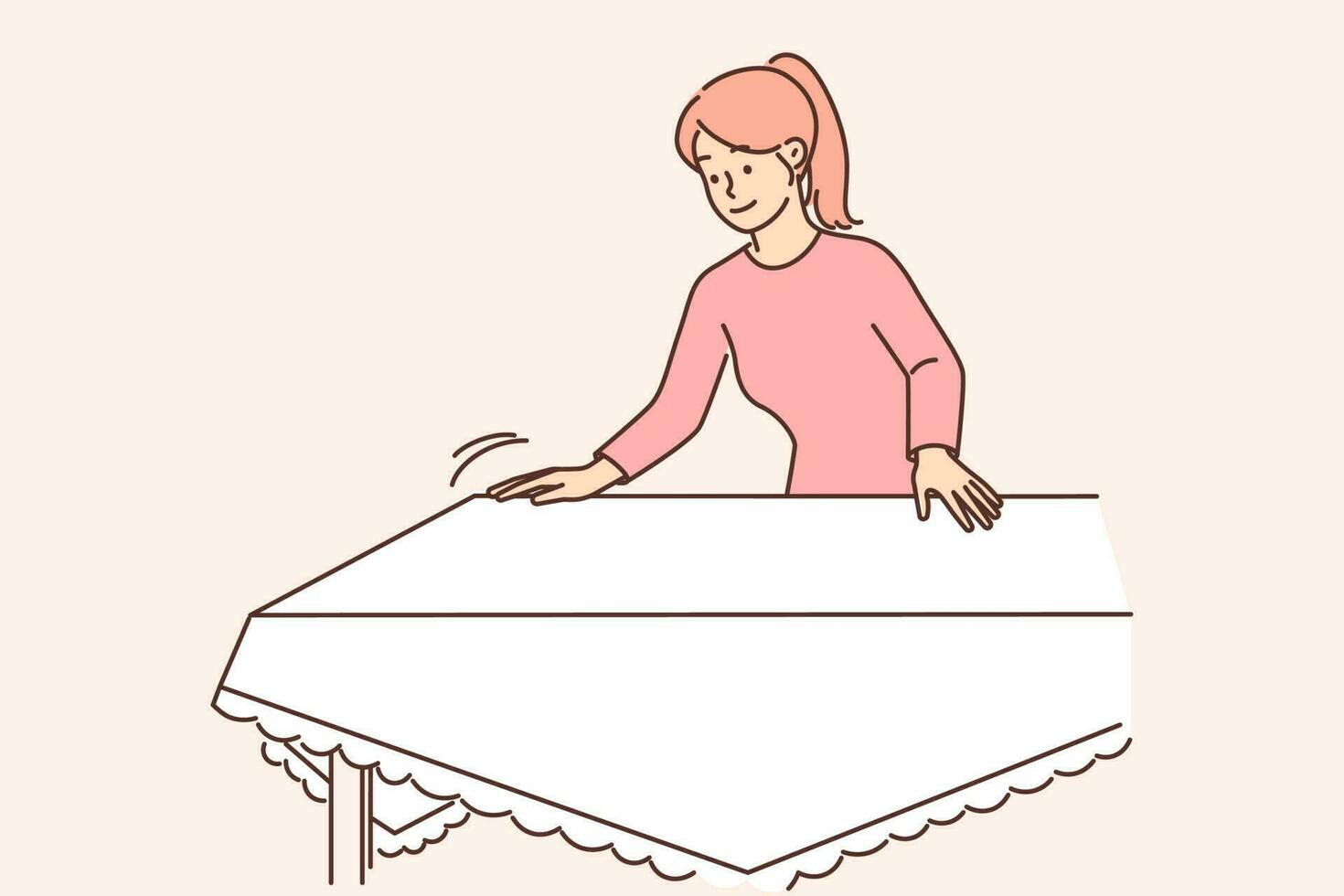 positivo mulher dona de casa conjuntos mesa com branco toalha de mesa preparando para festivo jantar ou almoço com família. feliz menina dona de casa dentro casual roupas coloca toalha de mesa em mesa depois de lavando vetor