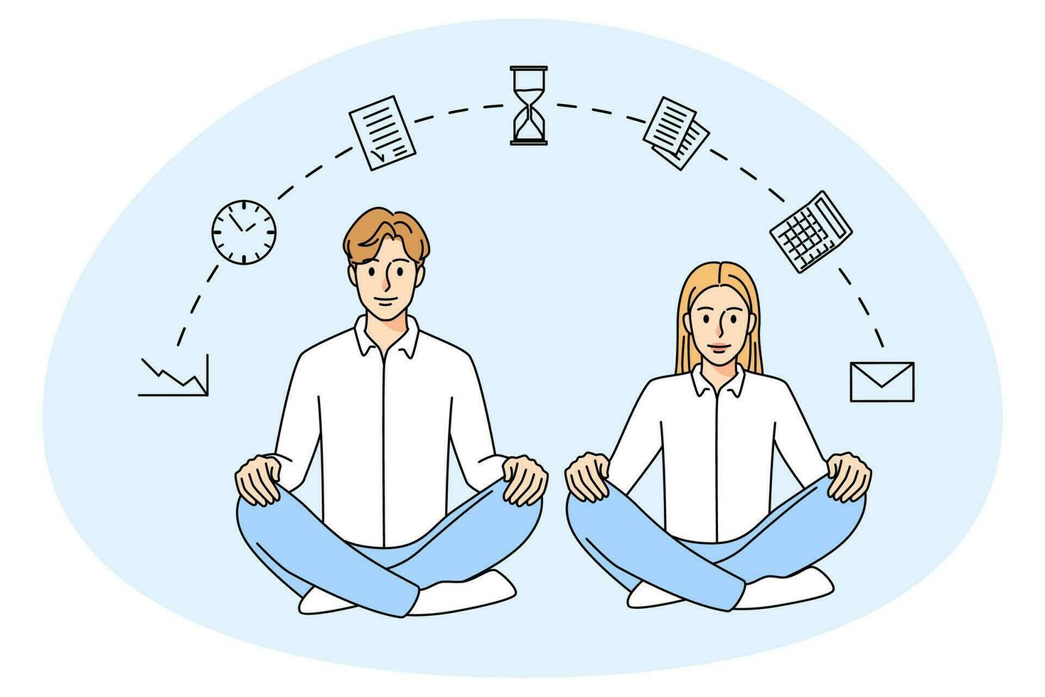 pessoas de negócio sentar dentro lótus posição meditando às ambiente de trabalho. empregados relaxar gerir trabalho deveres e responsabilidades. Tempo organização conceito. vetor ilustração.