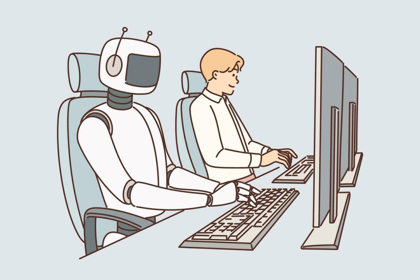 robô trabalho em computador e entre pessoas para conceito do apresentando artificial inteligência ai dentro negócios. robô e homem trabalhos juntos para eficientemente executar do utilizador consulta ou programação tarefas. vetor