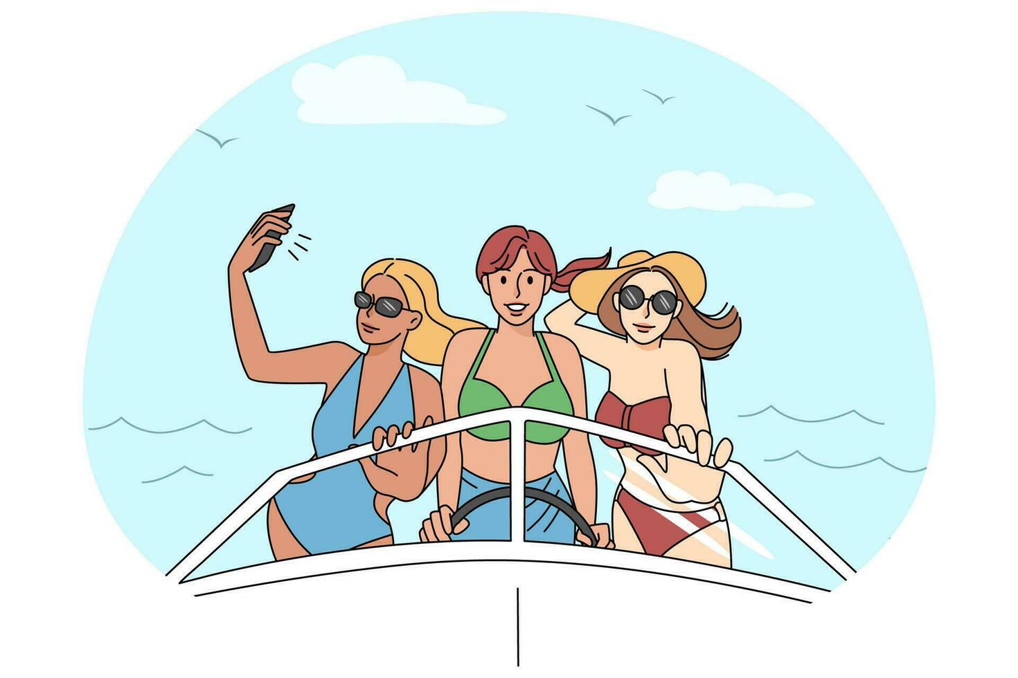 feliz meninas dentro bikini em iate dentro mar. sorridente jovem mulheres tendo Diversão em barco dentro oceano. verão feriado e relaxamento. vetor ilustração.