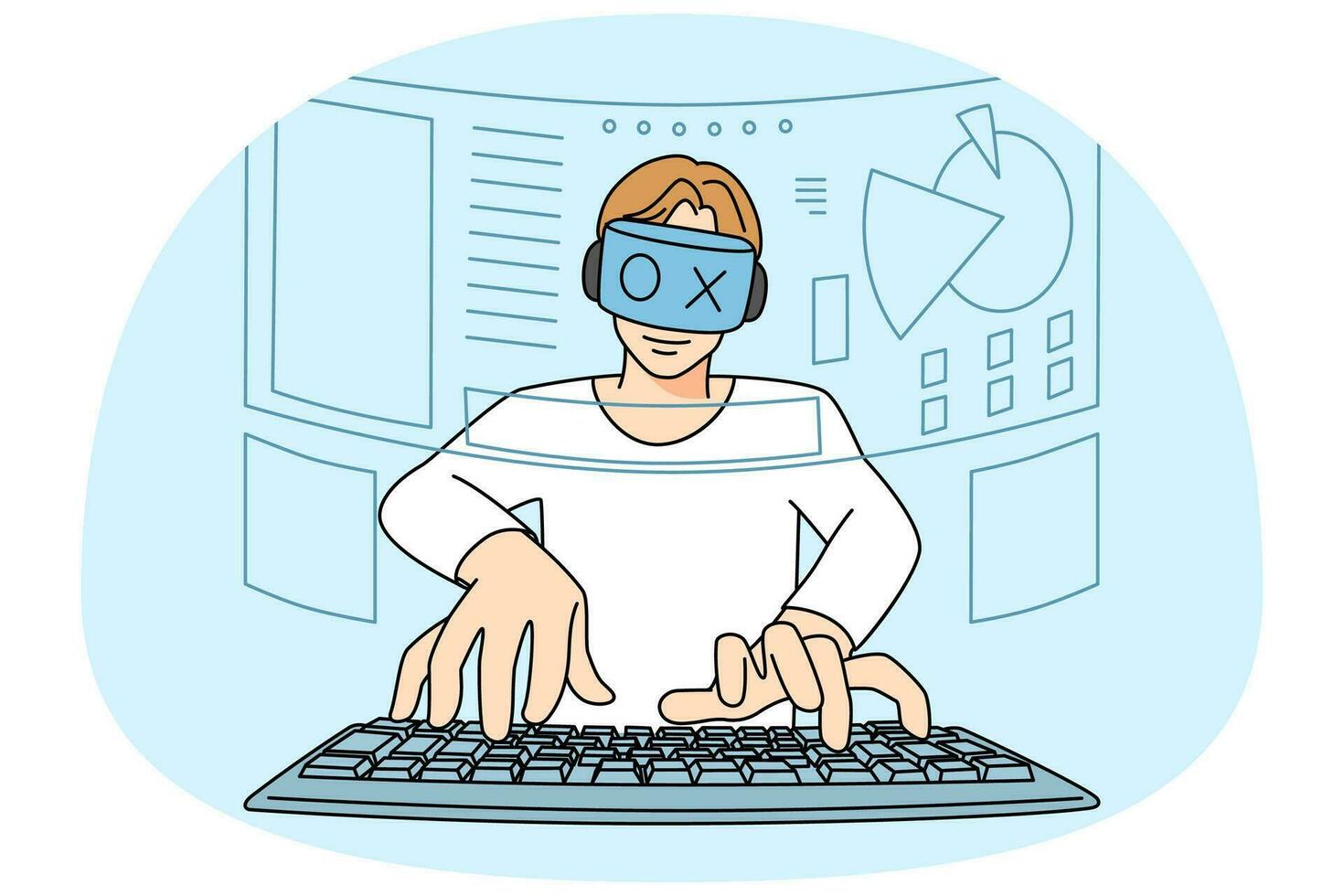 homem dentro vr óculos jogar computador conectados jogos em pc. masculino jogador dentro virtual realidade chapéu apreciar digital mundo. plano vetor ilustração.