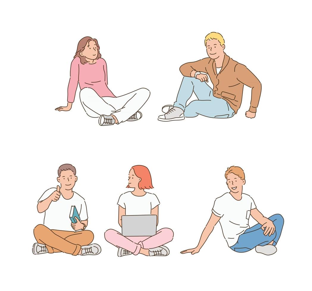 jovens estudantes estão sentados confortavelmente no chão. mão desenhada estilo ilustrações vetoriais. vetor