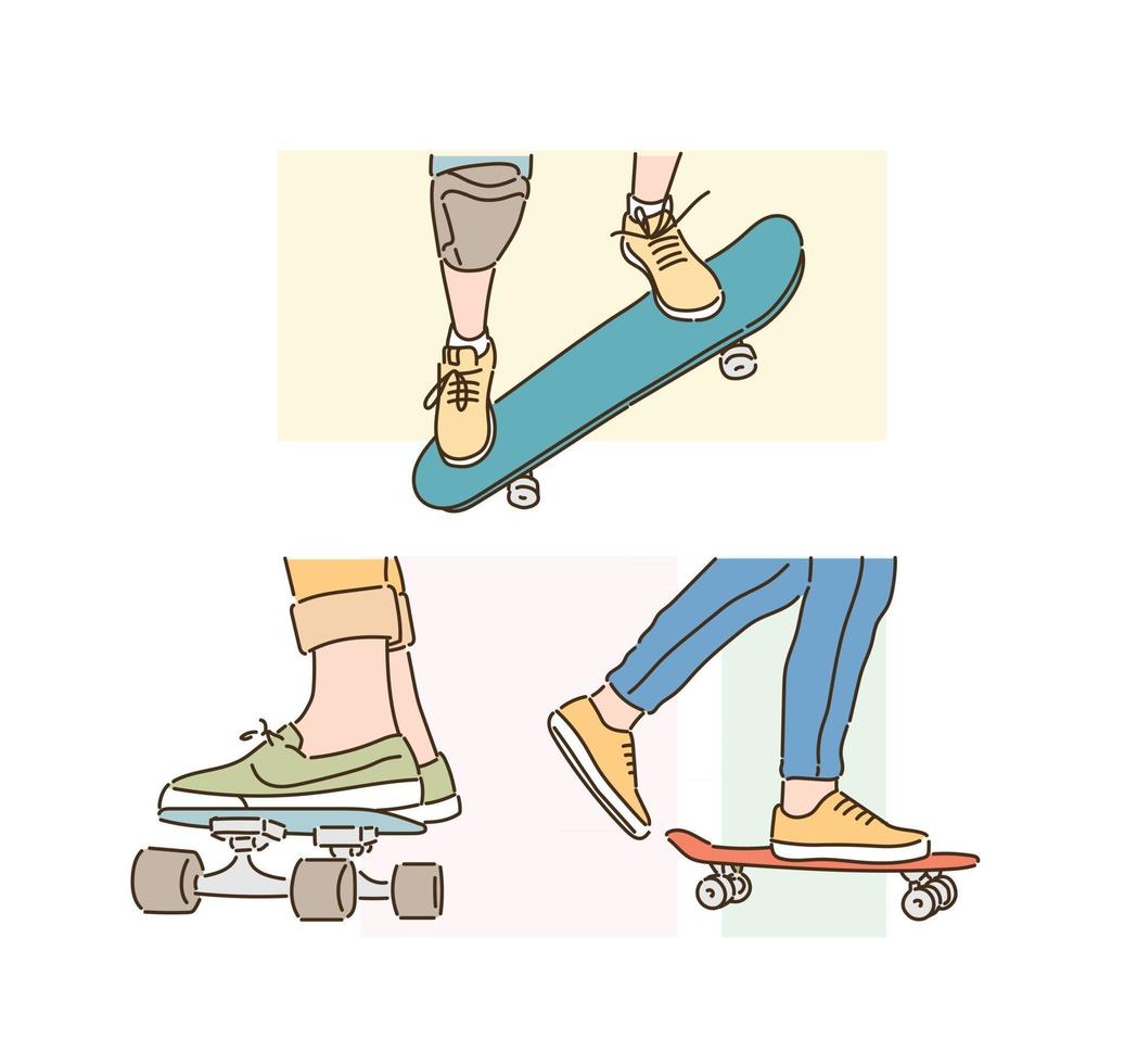 pés andando de skate. mão desenhada estilo ilustrações vetoriais. vetor