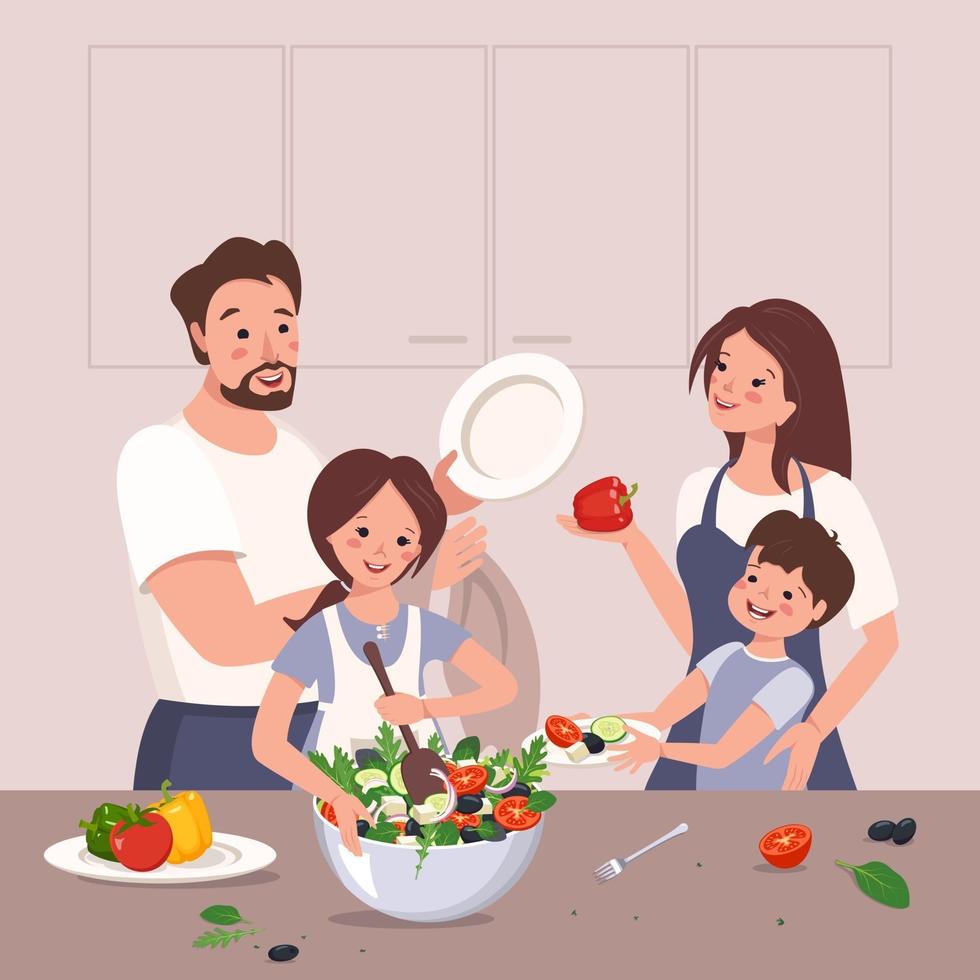 família feliz prepara comida. os filhos ajudam os pais. a garota faz salada de legumes. jantar em casa com mamãe, papai, irmão e irmã. estilo de vida saudável, nutrição adequada vetor