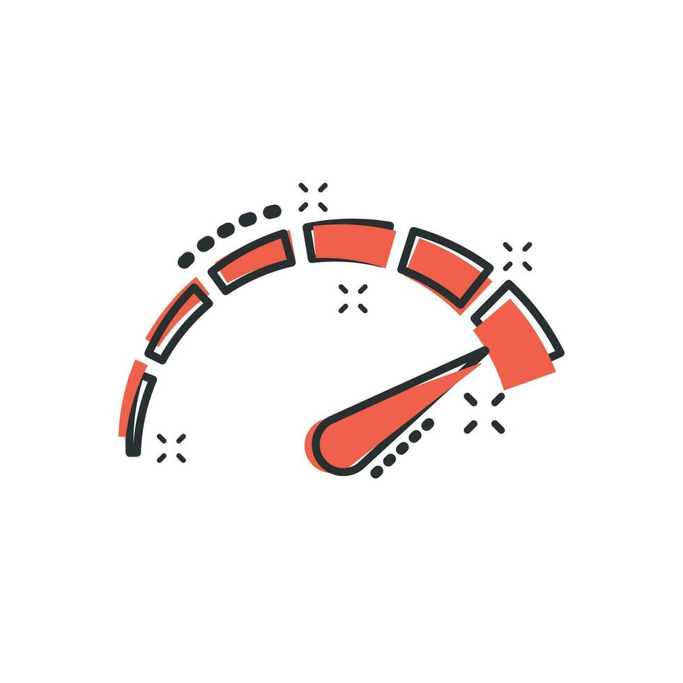 ícone do painel do medidor em estilo cômico. nível de indicador de pontuação de crédito pictograma de ilustração vetorial dos desenhos animados. medidores com efeito de respingo de conceito de negócio de escala de medida. vetor