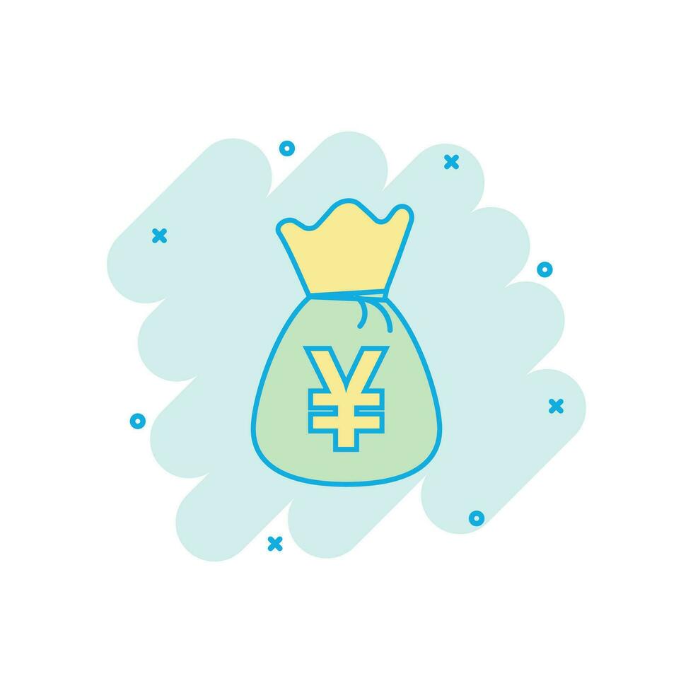 ienes de desenhos animados vetoriais, ícone de moeda de dinheiro de saco de yuan em estilo cômico. pictograma de ilustração de conceito de saco de moeda de ienes. conceito de efeito de respingo de negócios de dinheiro da ásia. vetor