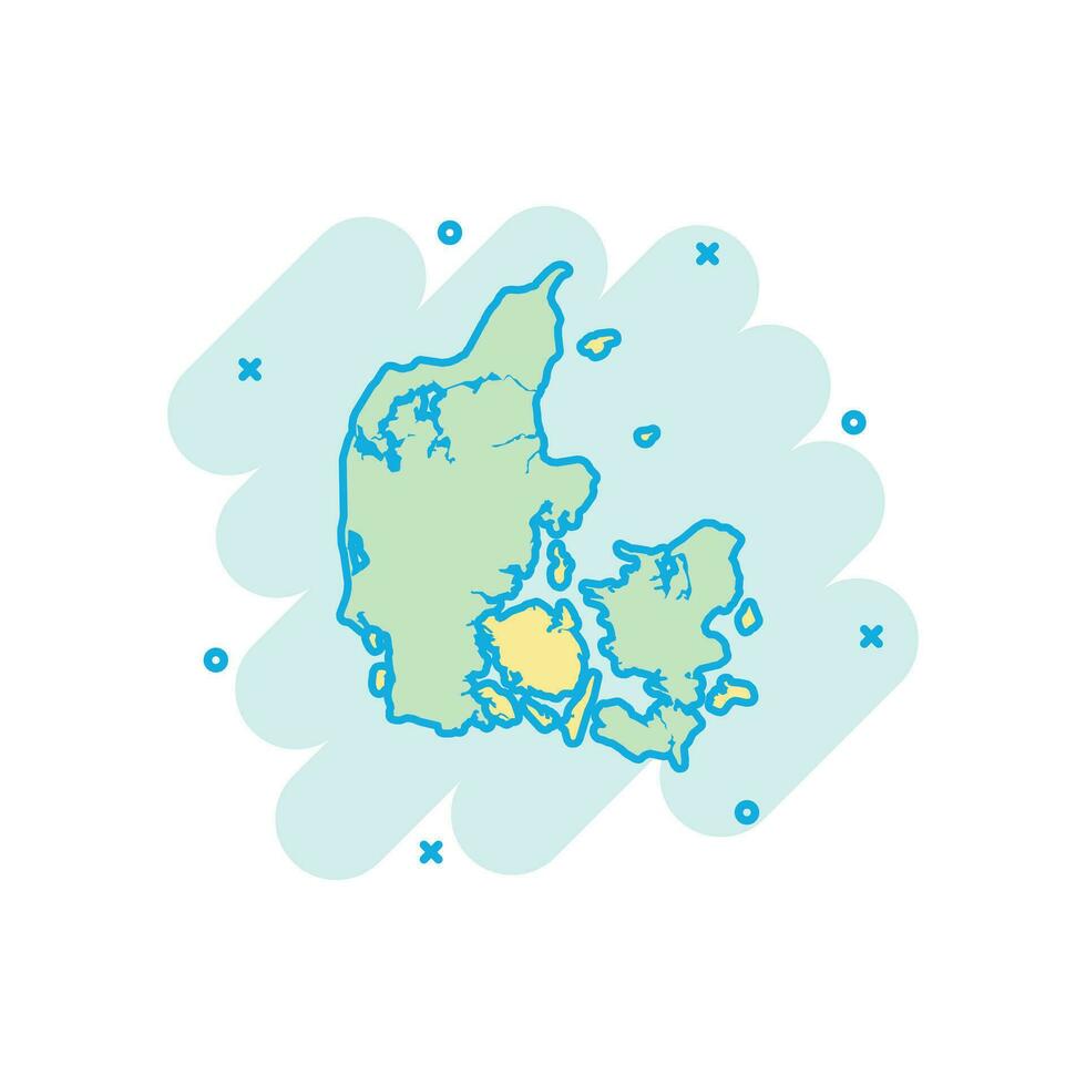 ícone do mapa da Dinamarca dos desenhos animados vetoriais em estilo cômico. pictograma de ilustração de sinal de Dinamarca. conceito de efeito de respingo de negócios de mapa de cartografia. vetor