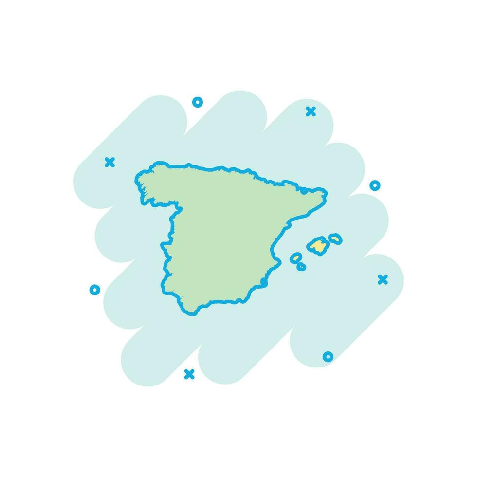 ícone do mapa de Espanha dos desenhos animados vetoriais em estilo cômico. pictograma de ilustração de sinal de Espanha. conceito de efeito de respingo de negócios de mapa de cartografia. vetor