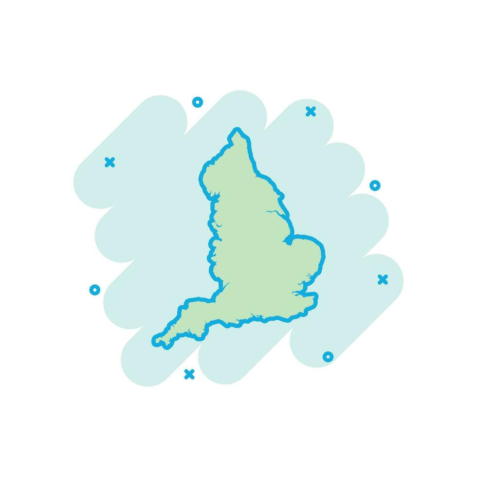 ícone do mapa da inglaterra dos desenhos animados vetoriais em estilo cômico. pictograma de ilustração de sinal de inglaterra. conceito de efeito de respingo de negócios de mapa de cartografia. vetor