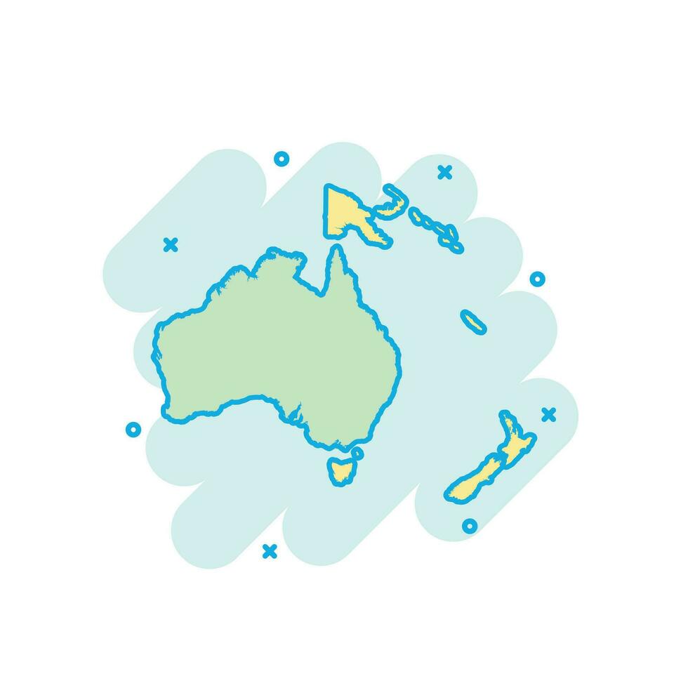 ícone colorido do mapa da Austrália e da Oceania em estilo cômico. austrália e oceania assinam pictograma de ilustração. conceito de negócio de respingo de geografia do país. vetor