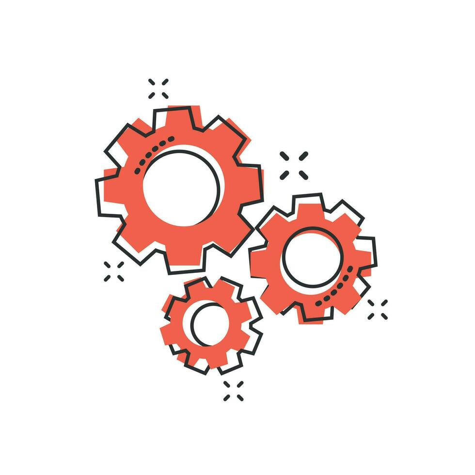 ícone de engrenagem de desenho vetorial em estilo cômico. pictograma de ilustração do conceito de roda dentada. conceito de efeito de respingo de negócios de roda dentada. vetor