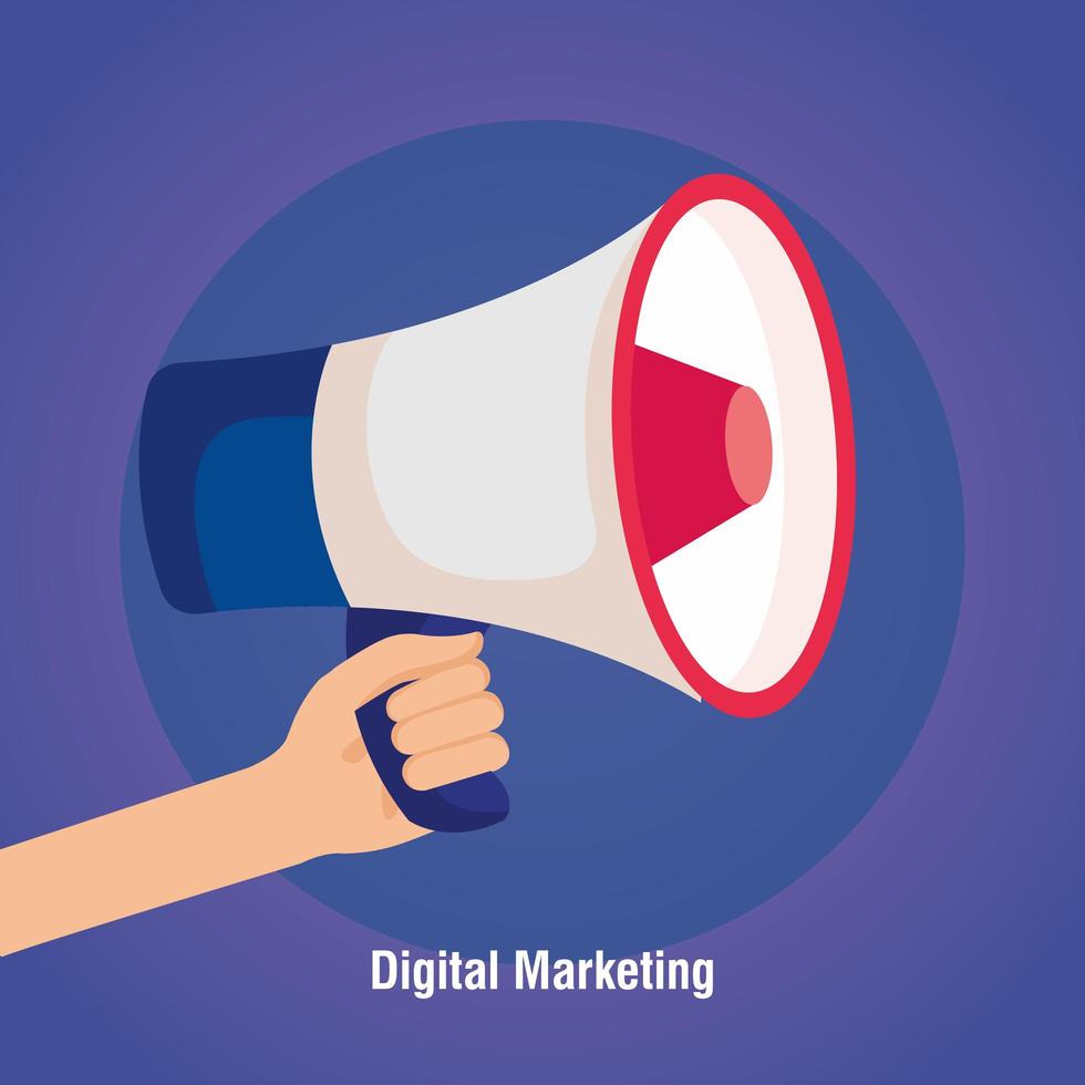 marketing digital online para negócios e marketing de mídia social, marketing de conteúdo, mão com megafone vetor