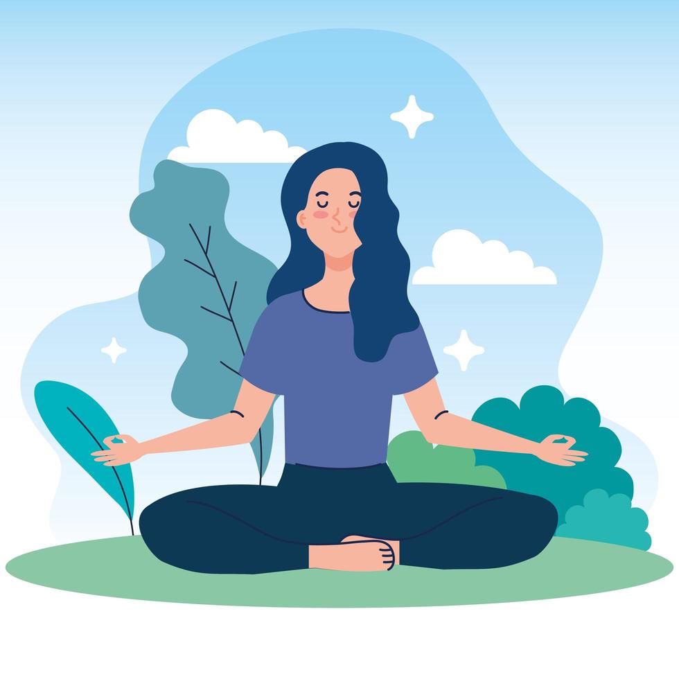 mulher meditando na natureza e nas folhas, conceito de ioga, meditação, relaxamento, estilo de vida saudável vetor