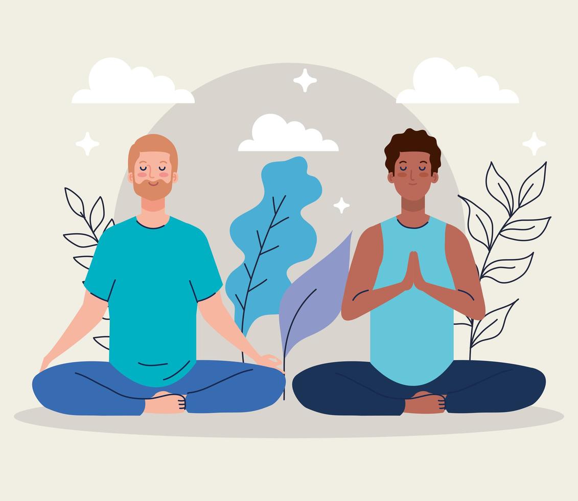 homens meditando na natureza e nas folhas, conceito de ioga, meditação, relaxamento, estilo de vida saudável vetor