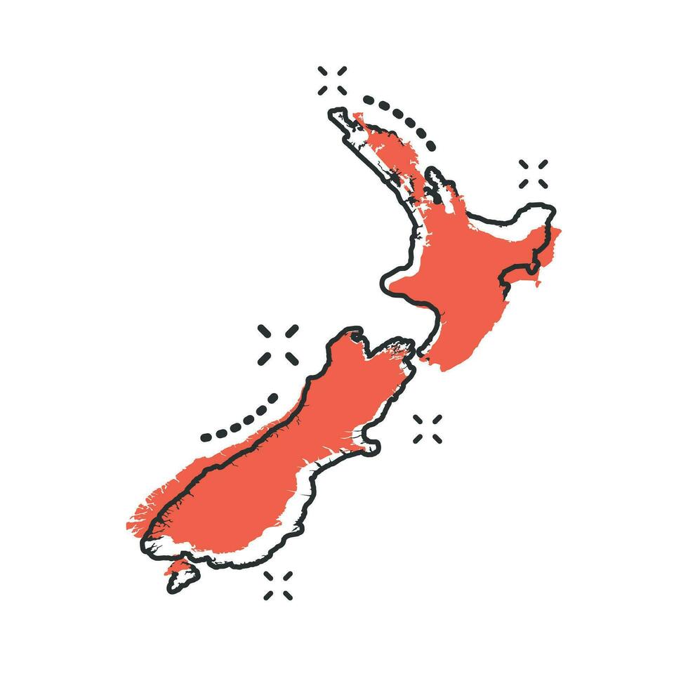 ícone do mapa da Nova Zelândia dos desenhos animados vetoriais em estilo cômico. Pictograma de ilustração de sinal da Nova Zelândia. conceito de efeito de respingo de negócios de mapa de cartografia. vetor