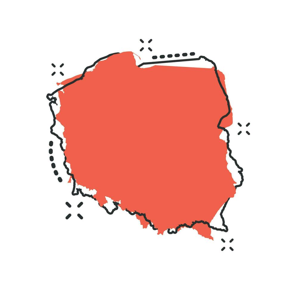 ícone do mapa da Polônia dos desenhos animados vetoriais em estilo cômico. pictograma de ilustração de sinal de Polônia. conceito de efeito de respingo de negócios de mapa de cartografia. vetor