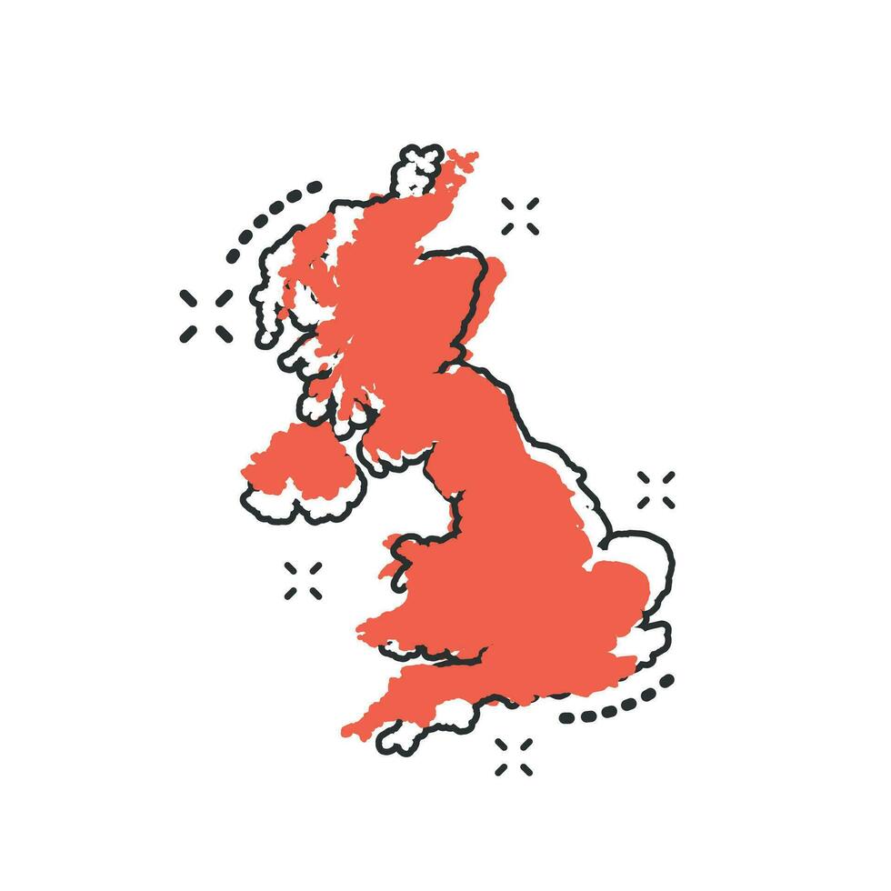 ícone do mapa do Reino Unido dos desenhos animados vetoriais em estilo cômico. pictograma de ilustração de sinal do reino unido. conceito de efeito de respingo de negócios de mapa de cartografia. vetor