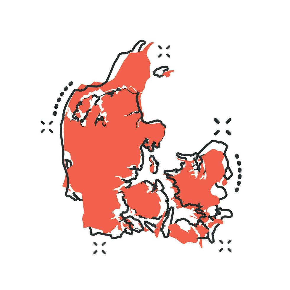 ícone do mapa da Dinamarca dos desenhos animados vetoriais em estilo cômico. pictograma de ilustração de sinal de Dinamarca. conceito de efeito de respingo de negócios de mapa de cartografia. vetor