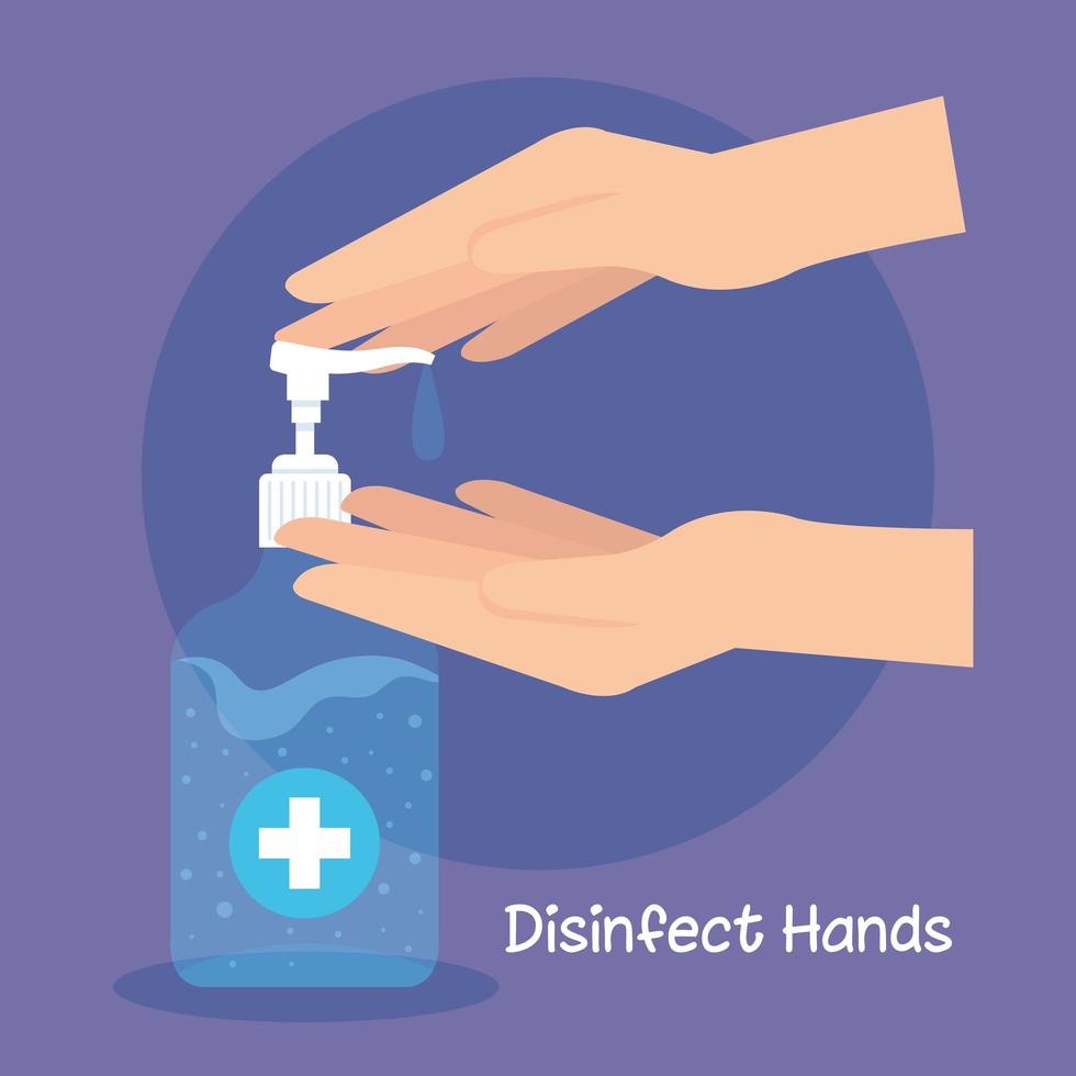 frasco com bomba de desinfetante para as mãos, gel de lavagem, autoproteção contra covid 19, conceito de desinfecção das mãos vetor