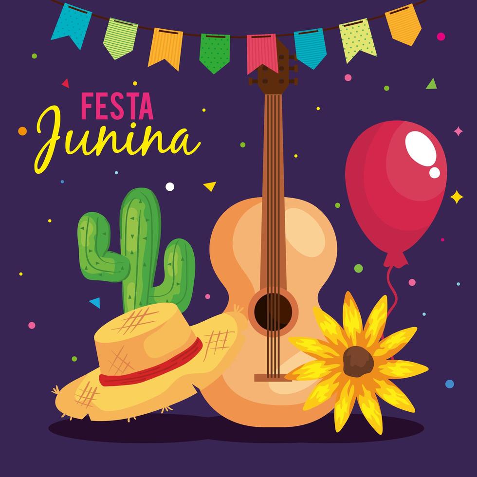 pôster festa junina com violão e ícones tradicionais vetor