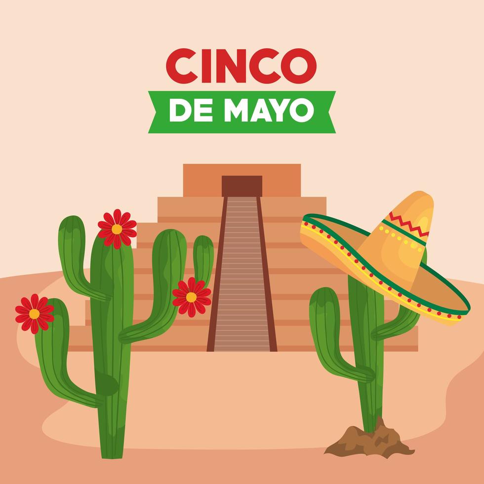 pôster cinco de mayo com pirâmide e cacto vetor