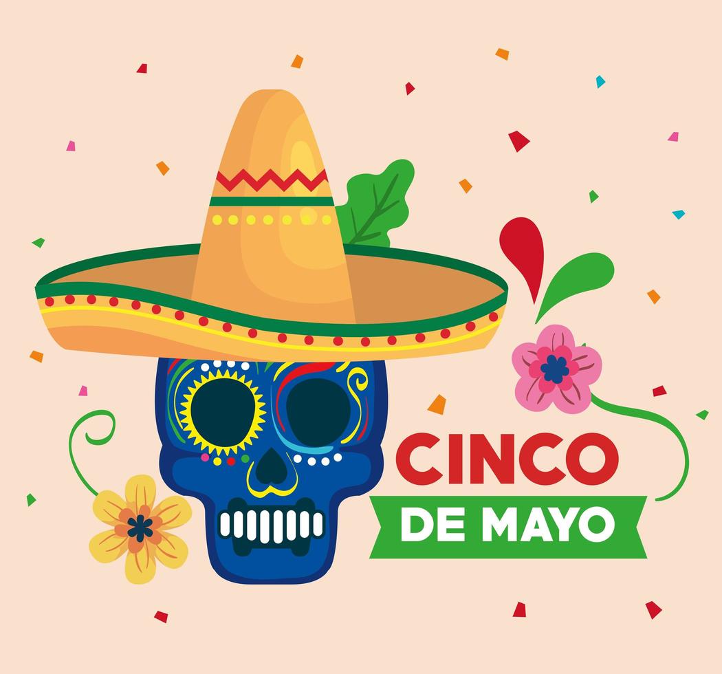 pôster cinco de mayo com caveira e chapéu vetor