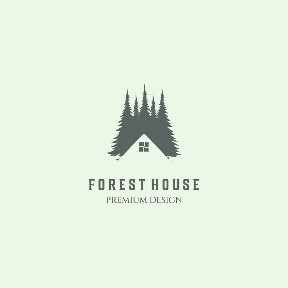 floresta casa vintage logotipo minimalista árvore madeira cabine vetor