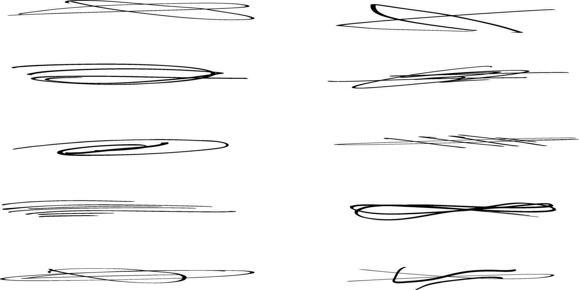 rápido torcido e cruzado tachados. conjunto do realçar linhas e assinaturas. escova acidente vascular encefálico marcadores ou tinta.doodle vetor gráfico elementos.