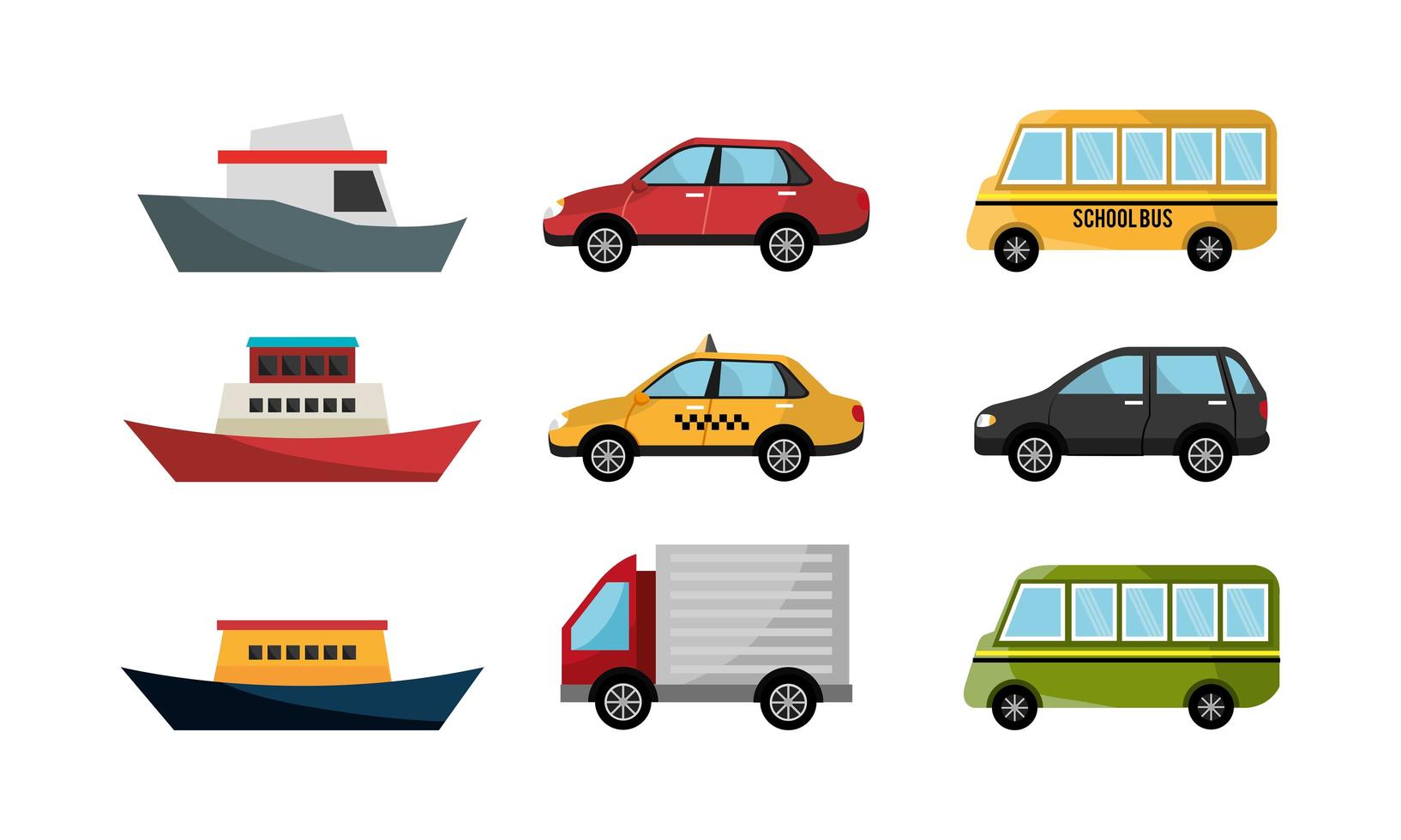 pacote de ícones de barcos e carros vetor
