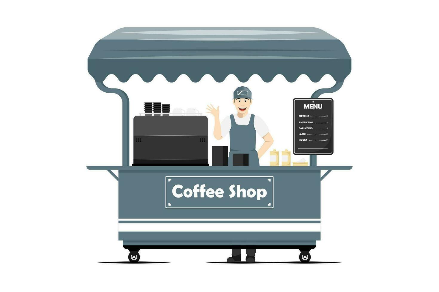 desenho animado café fazer compras carrinho com masculino vendedor em isolado fundo, digital marketing ilustração. vetor