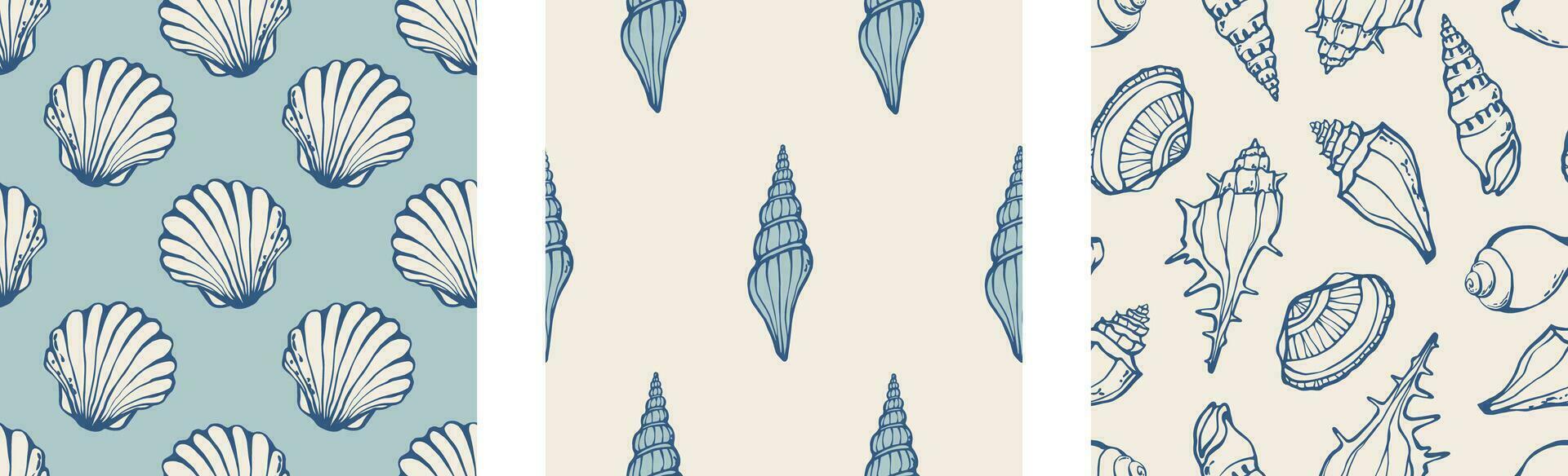 conchas do mar fundos conjunto mão desenhado azul marinho banheiro papeis de parede impressão Projeto com diferente concha e berbigão cartuchos. vetor ilustração.