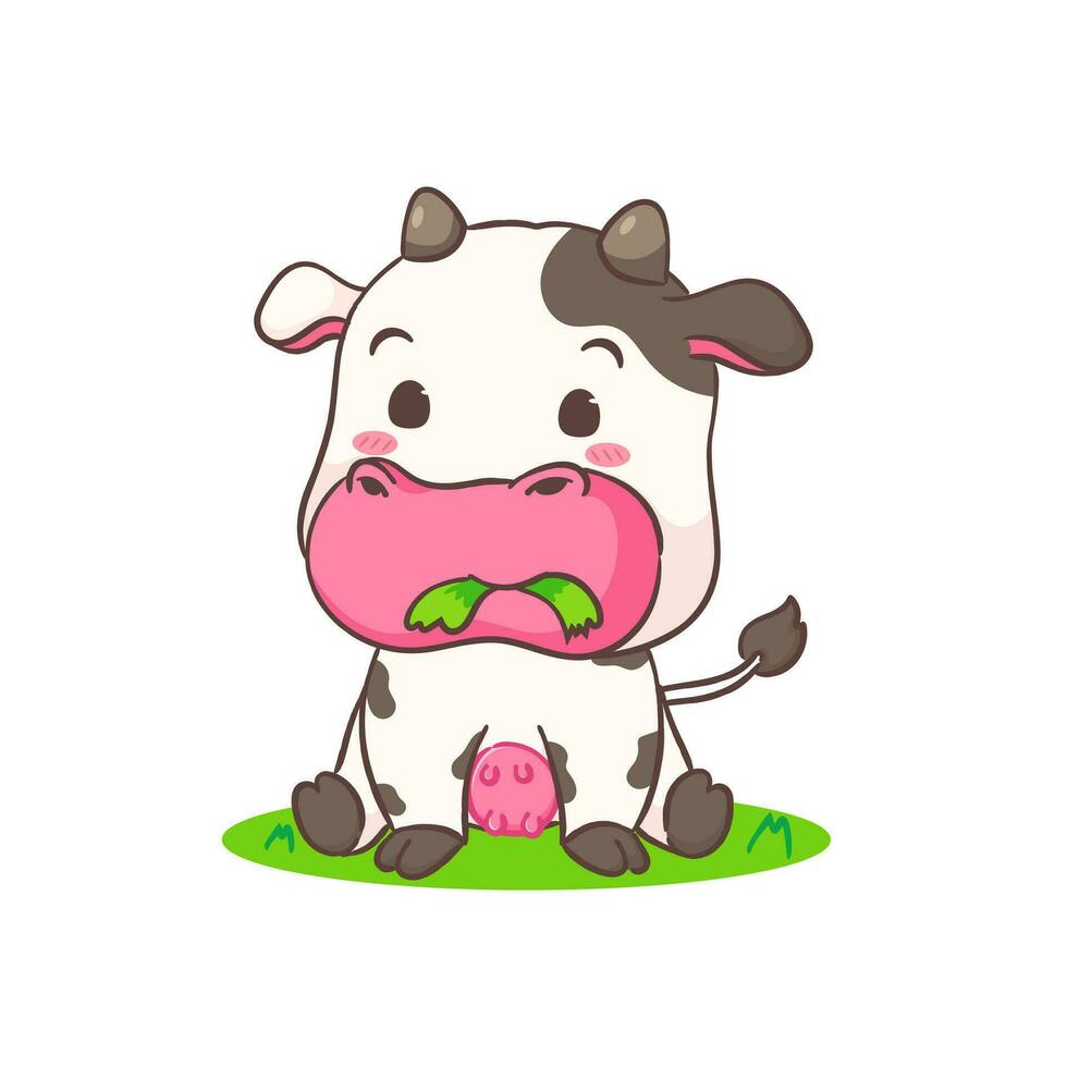 fofa vaca comendo Relva desenho animado personagem. adorável animal conceito Projeto. isolado branco fundo. vetor ilustração