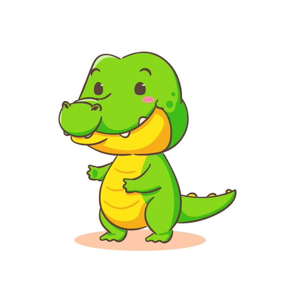 fofa feliz crocodilo em pé desenho animado personagem em branco fundo vetor ilustração. engraçado jacaré predador verde adorável animal conceito Projeto.